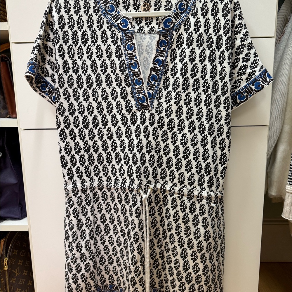 Tory Burch Black and Blue Patterned Dress cinch tie waist EUC